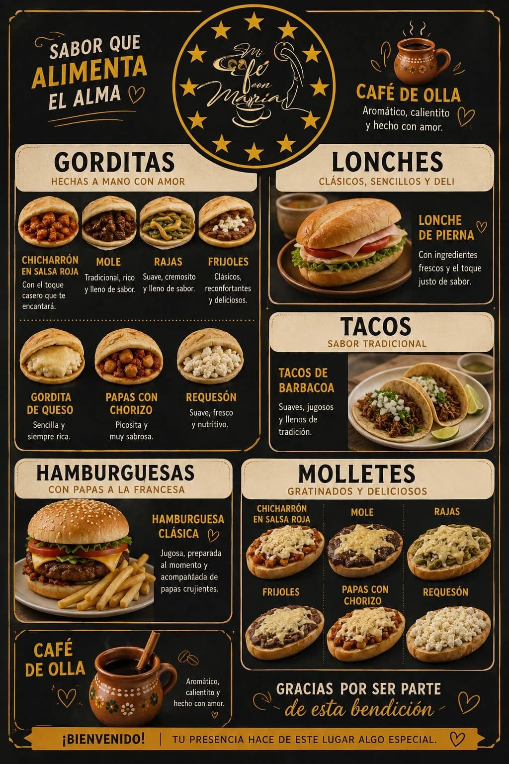 Menú del servicio dominical: gorditas, lonches, tacos, hamburguesas, molletes y café de olla